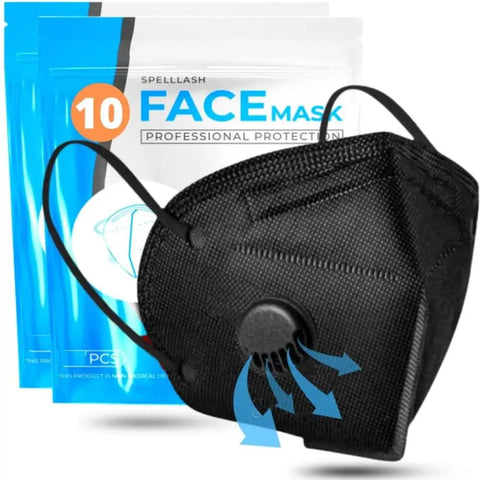 Black Disposable Face Masks With Breathing Valve 10 Pack 5 Layer Protective Masks For Men And Women Breathable Lightweight Comfort Comfy All Day On Skin.