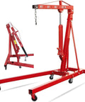 Built Tough Heavy Duty 2 Ton Electric Motor Hoist Stands Roll Smooth On Casters Features Foldable Steel Cherry Picker Shop Crane For Garage Engine Lifts with swivel wheels and hydraulic lift.