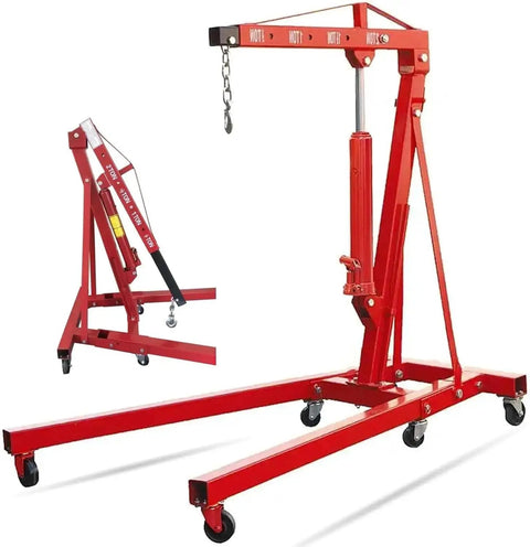 Heavy Duty Professional Grade Two Ton Electric Engine Hoist Stand featuring smooth roll casters and foldable cherry picker design.