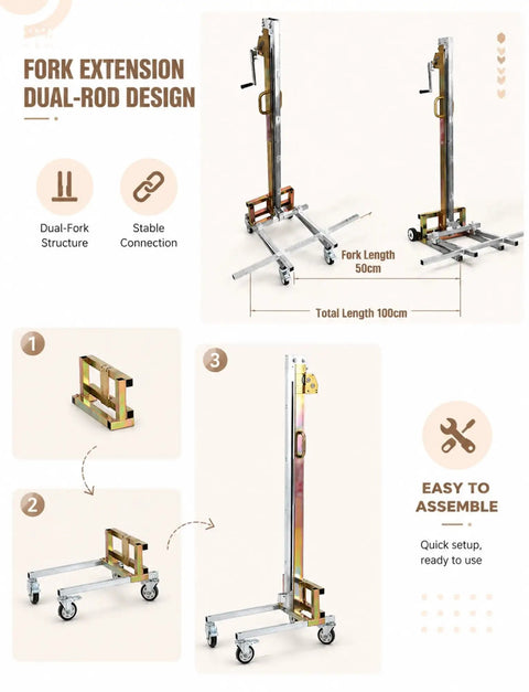 Heavy Duty Manual Lifting Stacker For Easy Cabinet Install And Material Handling With Smooth Rolling Wheels To Move Loads Up To 80kg, dual-rod design.