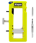 All In One Door Hinge Mortiser And Router Template Kit For 3 To 5 Inch Hinges With One Quarter Or Five Eighths Inch Thickness, Easy To Use Hinge Installation Jig For Square And Round Corner Doors, Produces Clean Mortises, Quick Setup, And Pro Level Fit shown in yellow, with bits