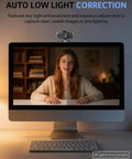 Hassle Free Plug And Play 1080P HD Webcam For Computers on a monitor with low light correction feature showing a woman.
