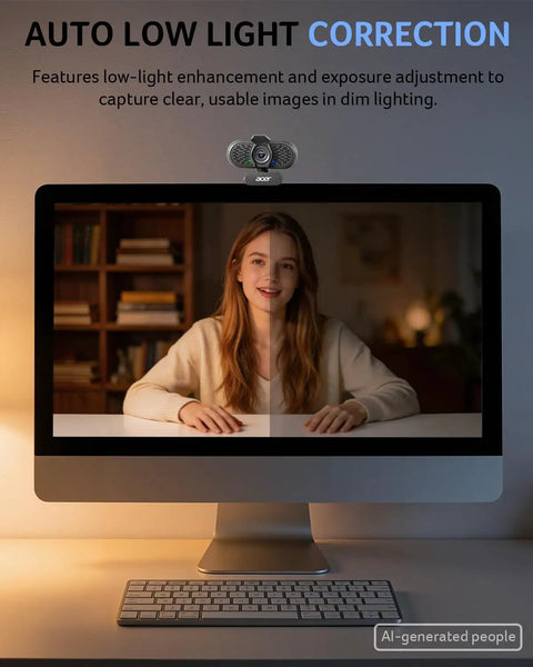 Hassle Free Plug And Play 1080P HD Webcam For Computers on a monitor with low light correction feature showing a woman.