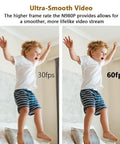 Side by side comparison of video quality showing a child jumping, labeled 30fps and 60fps, demonstrating smooth video capture.