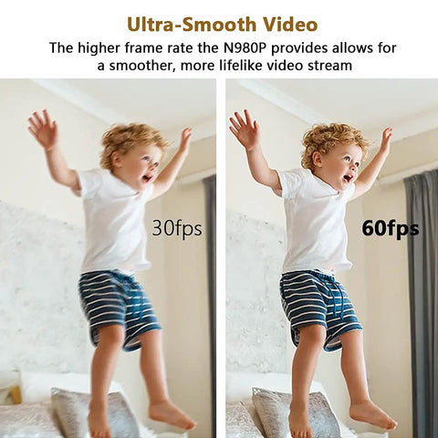 Side by side comparison of video quality showing a child jumping, labeled 30fps and 60fps, demonstrating smooth video capture.