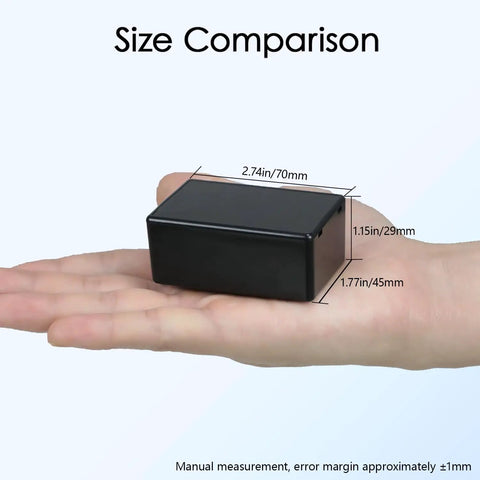 8 Pack Small ABS Plastic Project Box Electrical Enclosure in hand showing size comparison, 2.76 by 1.77 by 1.14 inches