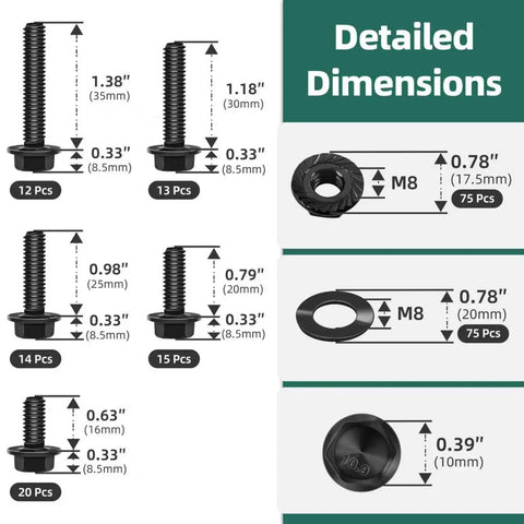 Detailed dimensions of Badass M8 Flanged Hex Bolts And Nuts Assortment Kit Grade 10.9 Steel Black Zinc with washers.