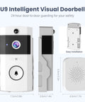 Wireless Wi-Fi Video Doorbell Camera With Two-Way Audio For Outdoor Front Door No-Brainer Easy Install Night Vision And Cloud Storage 2 4G Wi-Fi Video Doorbell With Chime Home Security System White front and side view