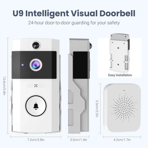 Wireless Wi-Fi Video Doorbell Camera With Two-Way Audio For Outdoor Front Door No-Brainer Easy Install Night Vision And Cloud Storage 2 4G Wi-Fi Video Doorbell With Chime Home Security System White front and side view