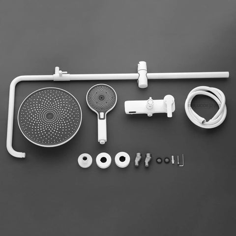 Exposed Shower System with Waterfall Tub Spout Rainfall Shower Set Black components including showerhead, handheld sprayer, and hose.