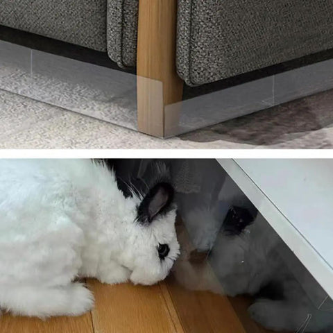 Adjustable Under Bed Blocker 8 Pack Clear Pet Gap Stopper For Furniture, waterproof PVC couch spacer under sofa with a bunny.