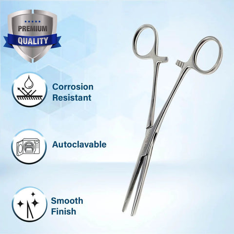 Angled front view of a pair of 6.25-inch straight stainless steel hemostat forceps, autoclave-able.