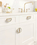 2 Pack Alabaster Cloud Stone Cabinet Pulls Gold Semicircle Drawer Handles With 3 Inch Center Hole Durable Solid Cabinet Hardware For Kitchen Vanity Bathroom Dresser Marble And Agate Inspired Patterns For Luxury Home installed on a white kitchen cabinet.