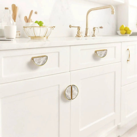 2 Pack Alabaster Cloud Stone Cabinet Pulls Gold Semicircle Drawer Handles With 3 Inch Center Hole Durable Solid Cabinet Hardware For Kitchen Vanity Bathroom Dresser Marble And Agate Inspired Patterns For Luxury Home installed on a white kitchen cabinet.