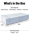 DIY 10x12 Wooden Storage Shed With Floor kit contents shown in packaging, including wood framing, siding, and hardware.