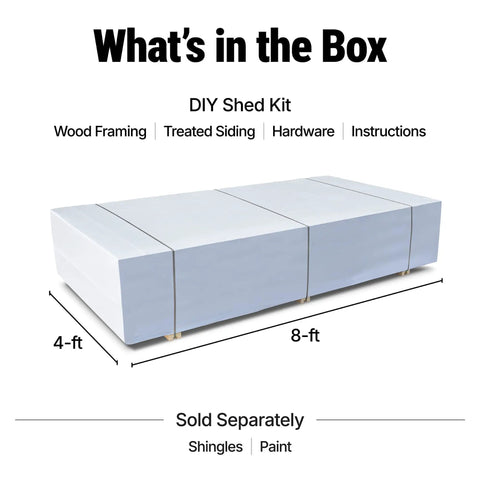 DIY 10x12 Wooden Storage Shed With Floor kit contents shown in packaging, including wood framing, siding, and hardware.