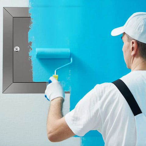 Tough As Nails 8 X 8 Inch Stainless Steel Access Panel With No Sweat Screwdriver Latch being painted in blue on drywall.