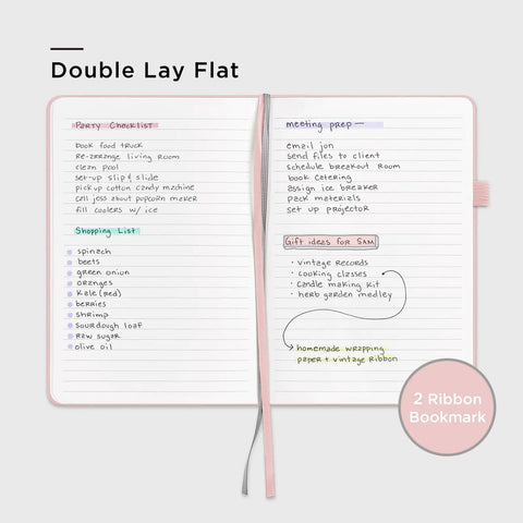 Ten Pack A5 Lined Notebooks With Durable Hardcover, 160 Pages Each, open notebook showing lists, pastel color, lay flat design