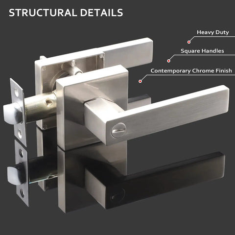 Six Pack Satin Nickel Lever Door Handles Set for Privacy Lock Heavy Duty Interior Door Hardware square handle design
