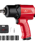 1/2 Inch Aluminum Air Impact Wrench Set Heavy Duty Beefy 1380 Ft Lbs, red and black, featuring multiple sockets for automotive use.