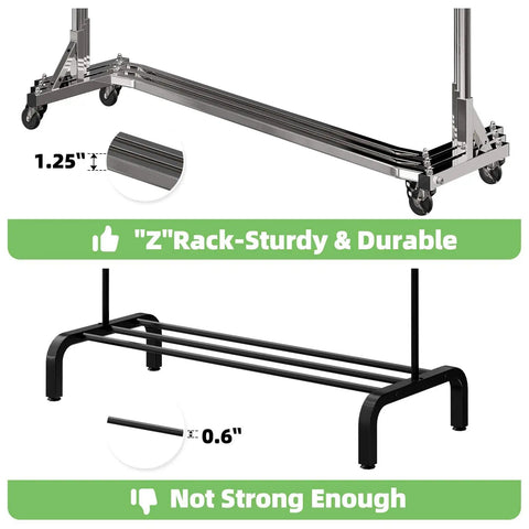 Comparison of 70 Inch Extra Long Garment Rack With Wheels Beefy Industrial Grade Heavy Duty Clothes Rack Chrome Finish with a weaker rack