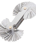 Metal screw pitch gauge with fanned blades for metric, imperial, and Whitworth thread measurements.