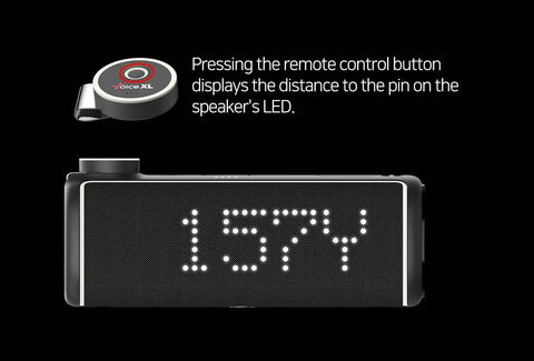 Magnetic Golf GPS Speaker with 20W Woofer and 10W Tweeter, distances visible on screen, clip on remote next to speaker.