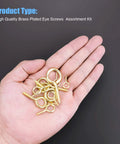 A hand holding Brass Plated Steel Eye Bolts And Screw Eyes Assortment Kit 240 Pieces 12 Sizes Including 00 to 14 for craft projects.