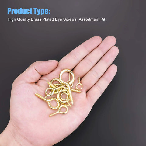 A hand holding Brass Plated Steel Eye Bolts And Screw Eyes Assortment Kit 240 Pieces 12 Sizes Including 00 to 14 for craft projects.