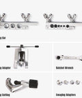 Thorstone flaring and swaging tool kit for HVAC tubing, showing flaring bar, adapters, tubing cutter, ratchet wrench.