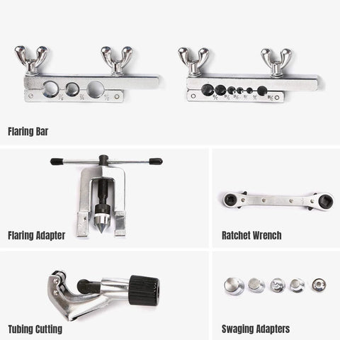 Thorstone flaring and swaging tool kit for HVAC tubing, showing flaring bar, adapters, tubing cutter, ratchet wrench.