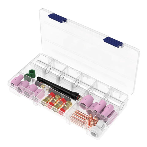 49 Piece TIG Welding Torch Stubby Gas Lens Kit With No 10 Glass Cup For WP 17 18 26 in transparent case showing components