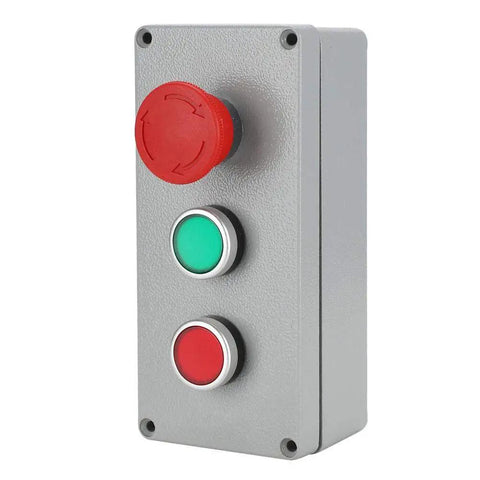 Outdoor Ready 3 Button Emergency Stop Push Button Switch Station With Red And Green Indicator IP66 Aluminum Housing Momentary And Latching 1NC 1NO Weatherproof 175x80x55mm Enclosure