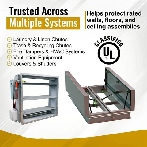 Heavy Duty 165 Degree Fusible Link For Laundry And Commercial Trash Chute Dampers UL Listed Thermal Fuse shown in multiple systems.