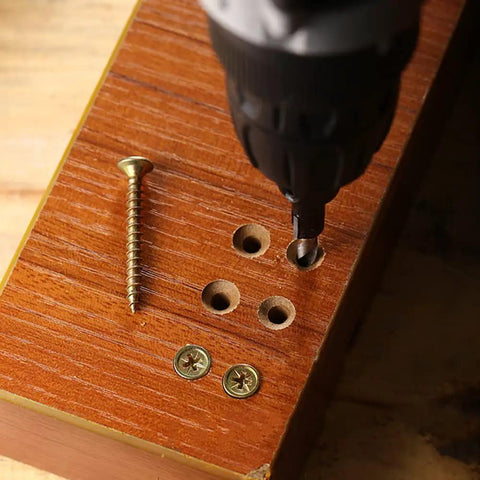3 In 1 Wood Countersink Drill Bit Set With Adjustable Depth Stop, drilling into wood with screws visible