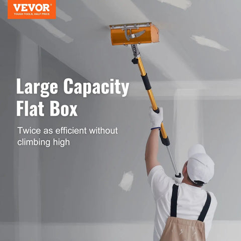 Worker using Drywall Finishing Mud Box Pro, 10 Inch Wide Quick Clean Aluminum Finishing Tool With Brass Blade on ceiling