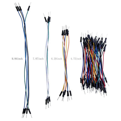 130 Pcs Solderless Flexible Breadboard Jumper Wires, Male to Male, Color-Coded, Various Sizes Displayed on White Background