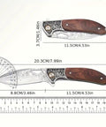 Dope Damascus Steel Folding Pocket Knife With 3.46 Inch Drop Point Blade closed and open, showing blade and handle measurements