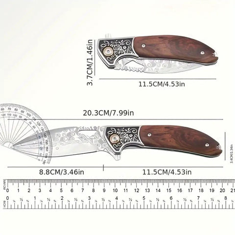 Dope Damascus Steel Folding Pocket Knife With 3.46 Inch Drop Point Blade closed and open, showing blade and handle measurements