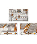 Amps Up Your Workshop Setup With This Badass 132 Piece Mechanics Kit Featuring Smooth Shifting 120xp Ratchets And Hi Viz Sae Metric Wrenches For 14 38 And 12 Inch Drives In Rugged Foam Trays, showcasing organized tools.