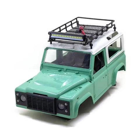 Premium 1/12 Scale Metal Luggage Carrier Roof Rack With Bright Light Compatible With Mankai D90 D91 D96 Mn98 Mn99s Rc Crawlers mounted on a green model truck.