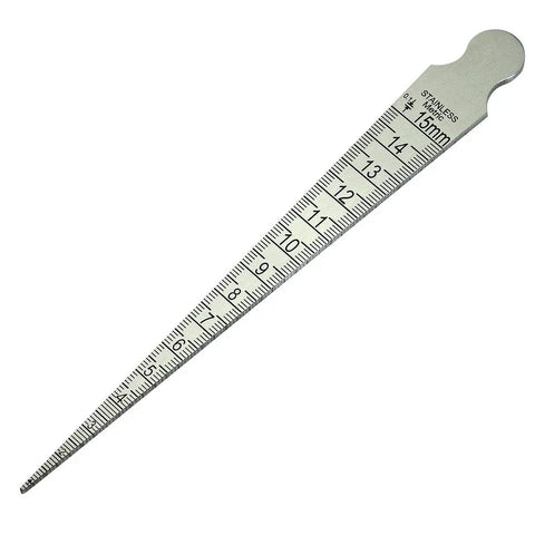 Dual Scale Taper Welding Gauge For Weld Gap And Bore Hole Markings, 5/8 Inch And 15 mm Max, 1/32 Inch And 1.0 mm Min, Stainless Steel, Measures Weldment Gaps On Both Sides In Inches And Metric