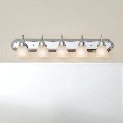 Five Light Bathroom Vanity Fixture, Traditional 36-Inch Bar With Satin Etched Glass Shades In Tannery Bronze over mirror