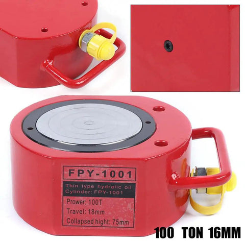 Heavy Duty Kickass 100 Ton Low Profile Hydraulic Jack Ripping Through Rock Solid Steel Frame Smooth Lifting Action Chrome Plated Piston 16mm Stroke Yellow Workhorse For Cramped Garages