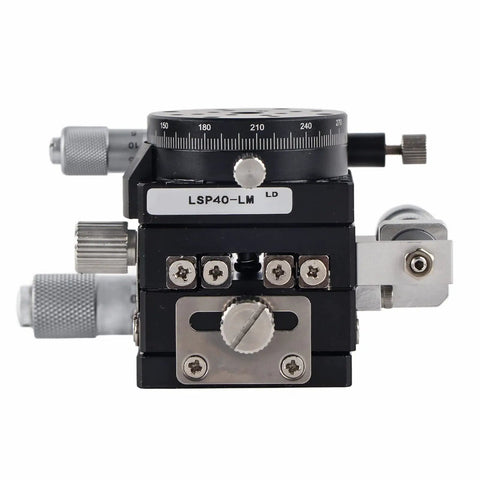 Three Axis Manual Linear Stage 40x40mm with fine adjustment knobs and carbide side head for precision positioning in optical experiments.