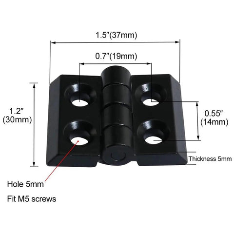 Two Sets 2020 Aluminum Extrusion Profile With Six Millimeter Slot Kit Including Door Handle Frame Hinges Zinc Alloy Hex Screws And T Nuts For DIY Projects Industrial Use Home Improvement showing black hinge with measurements.
