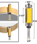 High Performance Dual Bearing Flush Trim Router Bit Featuring Top Shelf Tungsten Carbide Teeth For Slick Edge Smoothing And Reliable Cuts On Tough Hardwood Grain Patterns, showing size dimensions.
