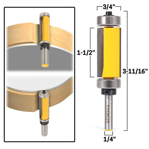 High Performance Dual Bearing Flush Trim Router Bit Featuring Top Shelf Tungsten Carbide Teeth For Slick Edge Smoothing And Reliable Cuts On Tough Hardwood Grain Patterns, showing size dimensions.