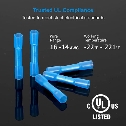100 Pcs Heat Shrink Wire Connectors 16-14 AWG Tinned Copper Core Waterproof Crimp Butt Terminals UL Certified displayed on black surface
