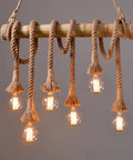 Six Heads Hemp Rope Pendant Light With Vintage Bamboo Chandeliers Fixture For Kitchen Island And Rustic Industrial Hanging Lamp